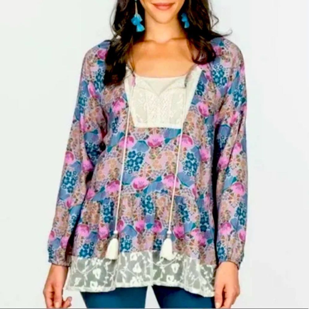 Matilda Jane ‘Make Believe Sew Perfect’ Floral Lace Tassel Tunic Top Size Medium